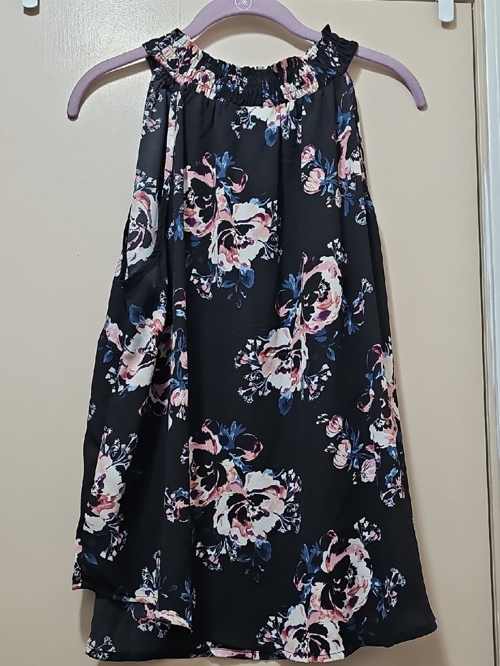 torrid Black Halter A-Line Blouse with Pink & Blue Floral Print